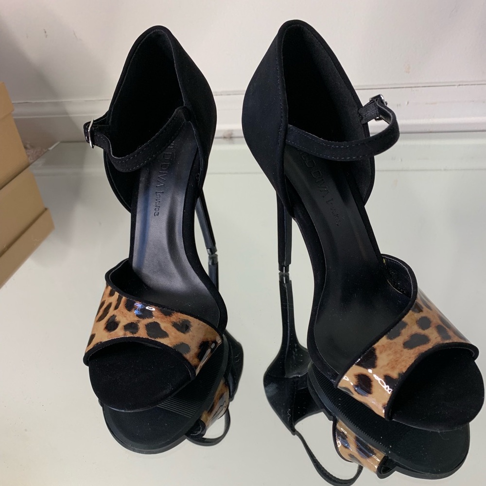 Wild Diva black and leopard peep toe heels